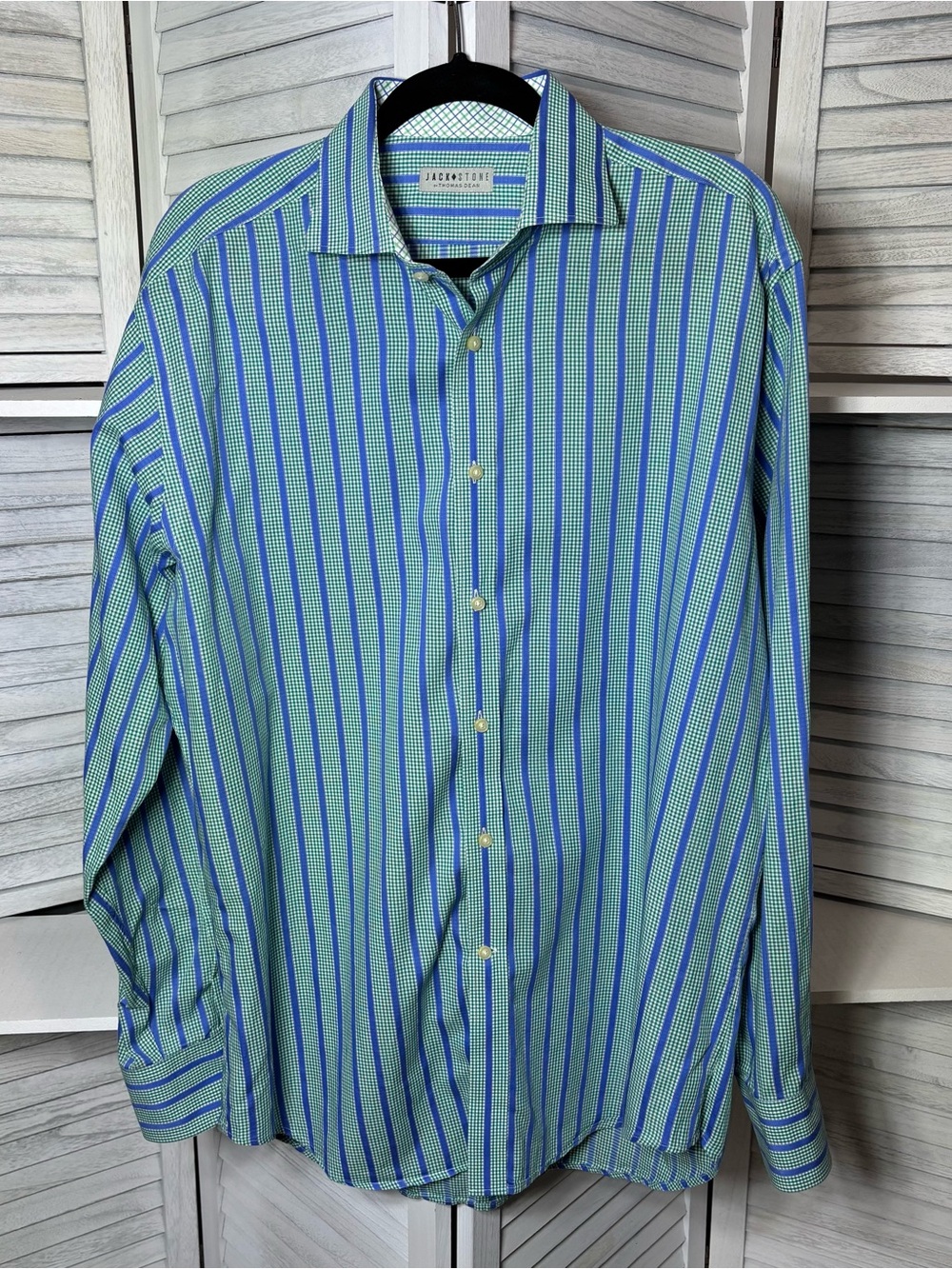 Jack Stone by Thomas Dean Green & Blue Striped Gingham Button-Down Shirt Size L